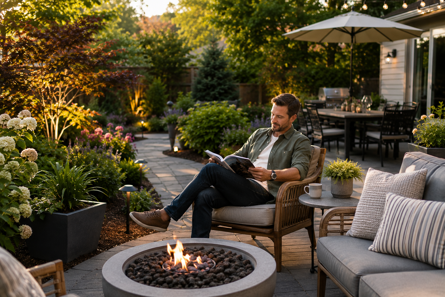 Man relaxing by a backyard fire pit surrounded by landscaped gardens, patio furniture, and outdoor living features.