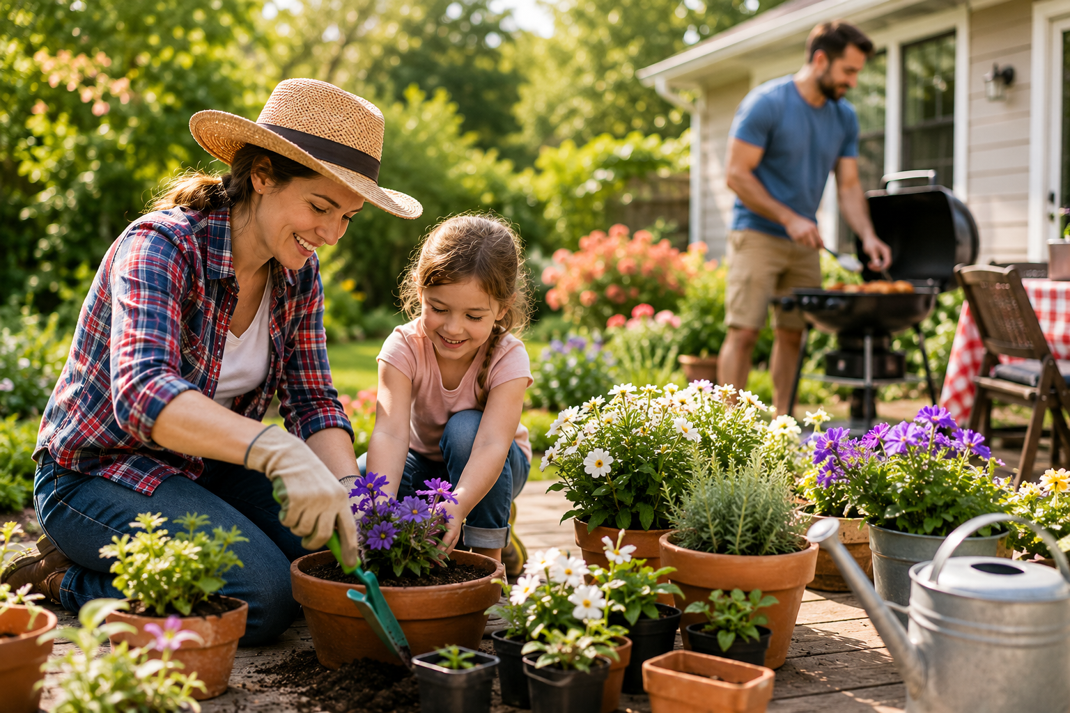 Woman planting flowers in containers on a backyard patio surrounded by colorful garden plants.