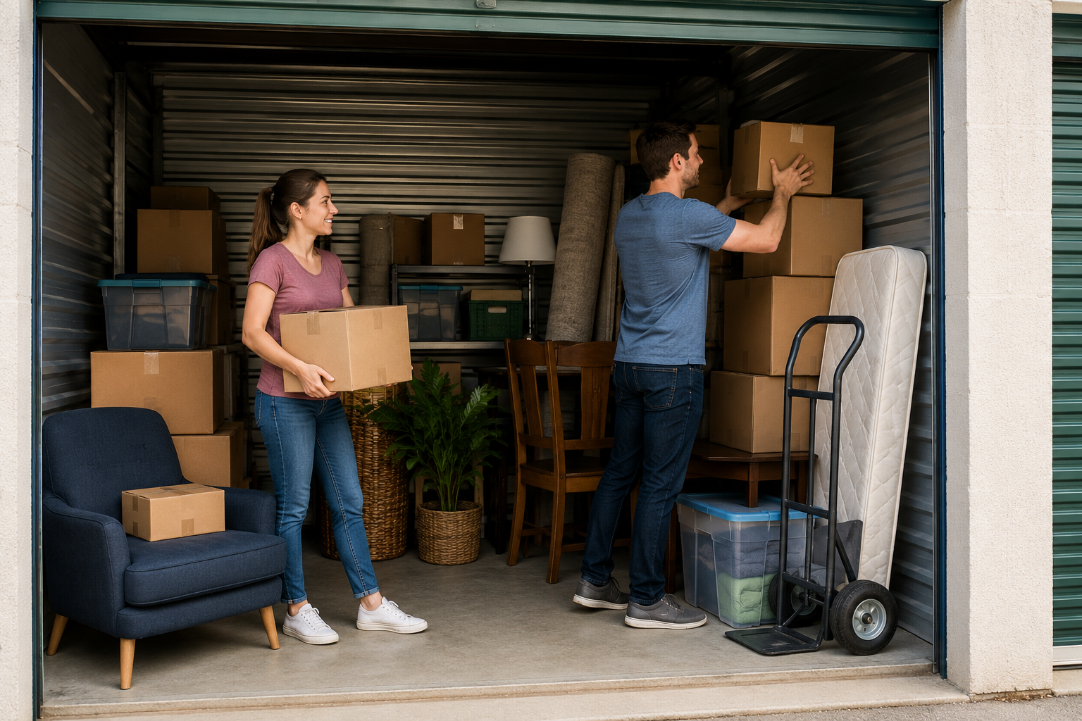 A couple organizing boxes, furniture, storage bins, and household items inside a storage unit.