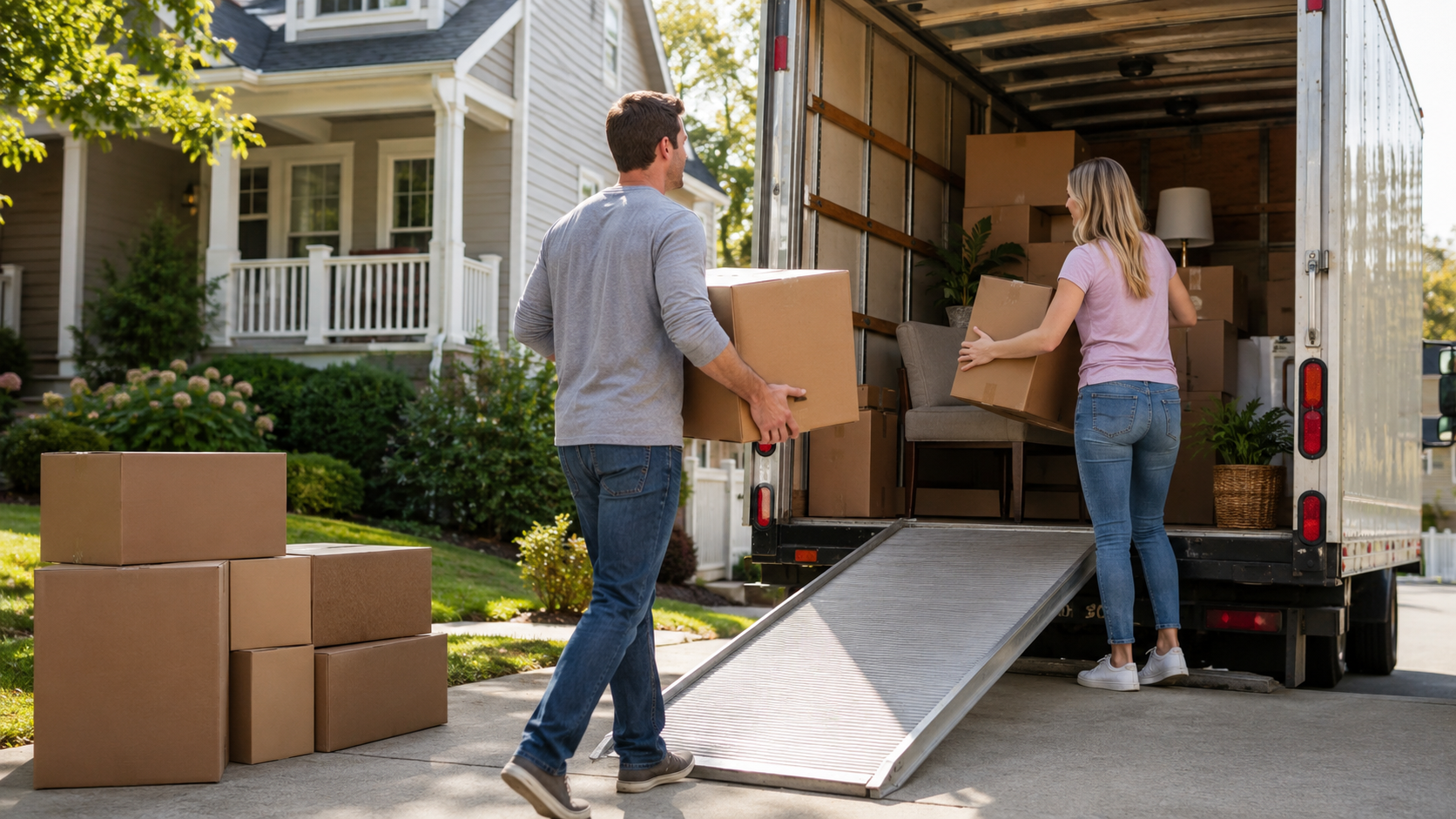A couple loading boxes into a moving truck parked in a suburban driveway on moving day.