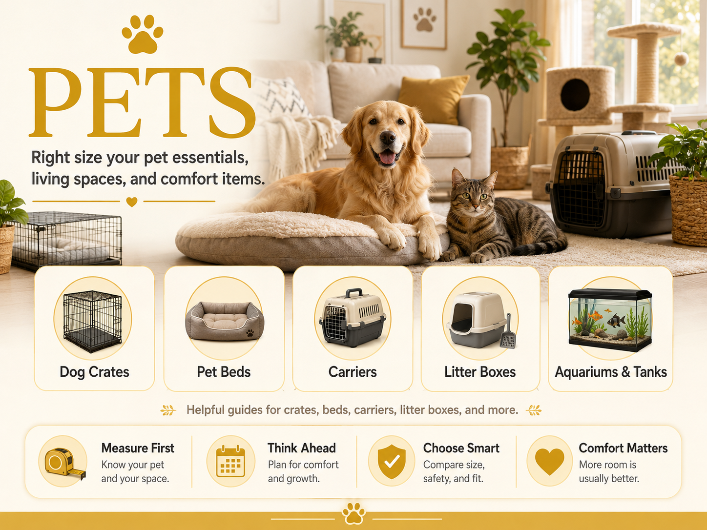 Cozy pet essentials arranged in a home for choosing the right pet sizes