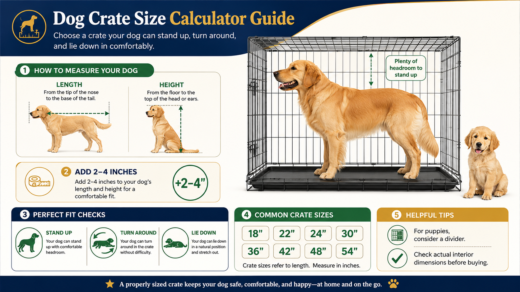 Landscape dog crate size calculator infographic showing a dog standing comfortably inside a wire crate with headroom, measurement arrows, crate size tips, and common crate lengths.