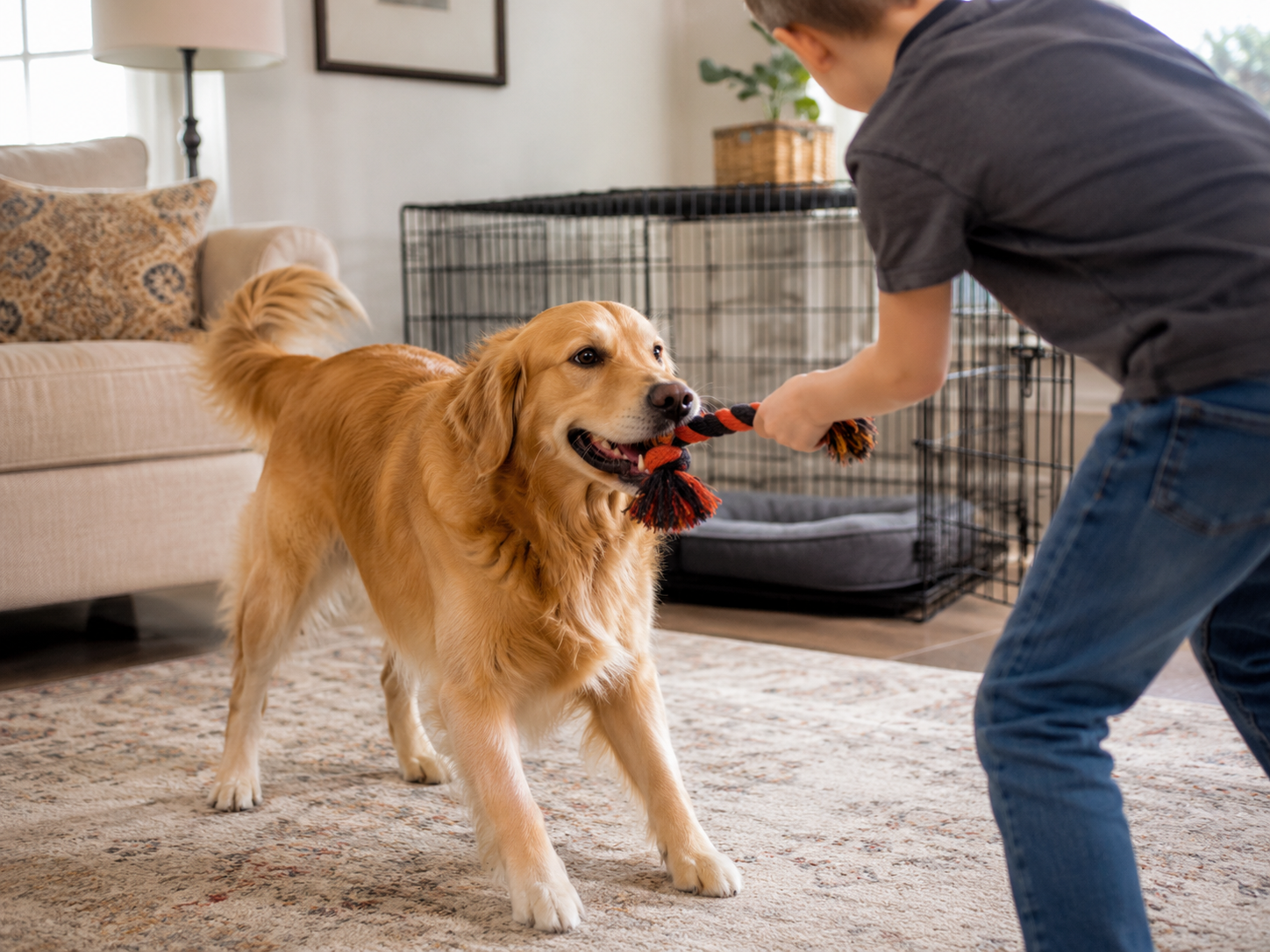 Dog playing near a child with a crate in the background for the dog crate size calculator.