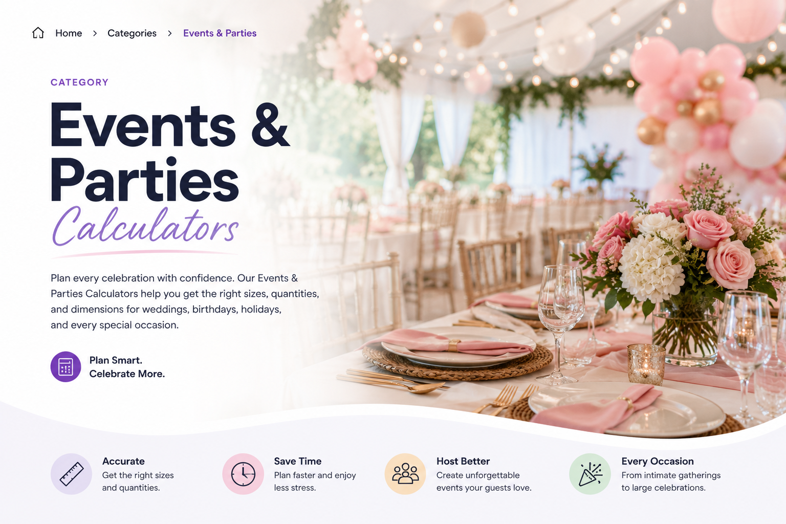 Elegant party table setup with balloons, flowers, place settings, and string lights for an events and parties calculator category page.