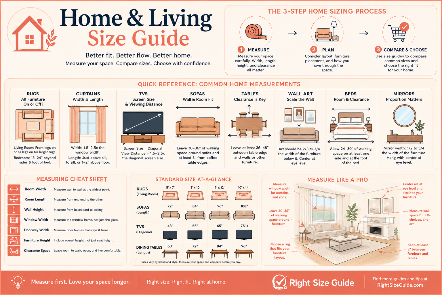Home and living size guide infographic showing common sizing tips for rugs, curtains, TVs, tables, wall art, and furniture