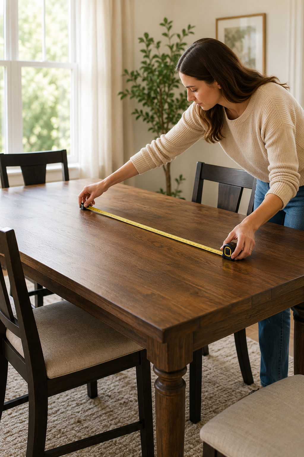 Woman measuring a wooden dining table with a tape measure to choose the right tablecloth size.