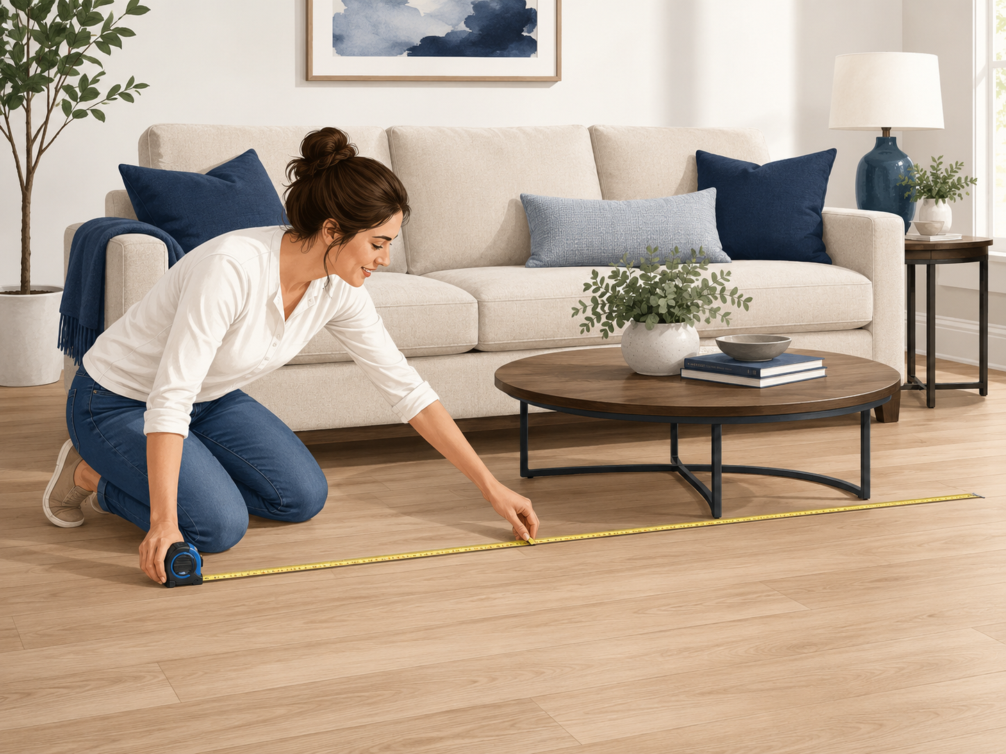 Person measuring a living room floor for the rug size calculator.