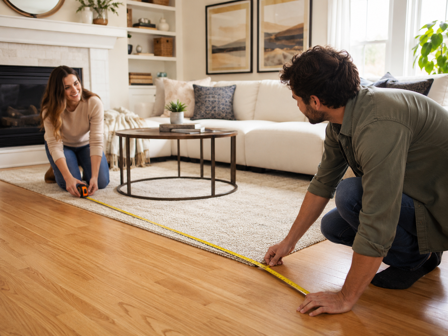 Couple measuring a home living space together before choosing the right size furniture