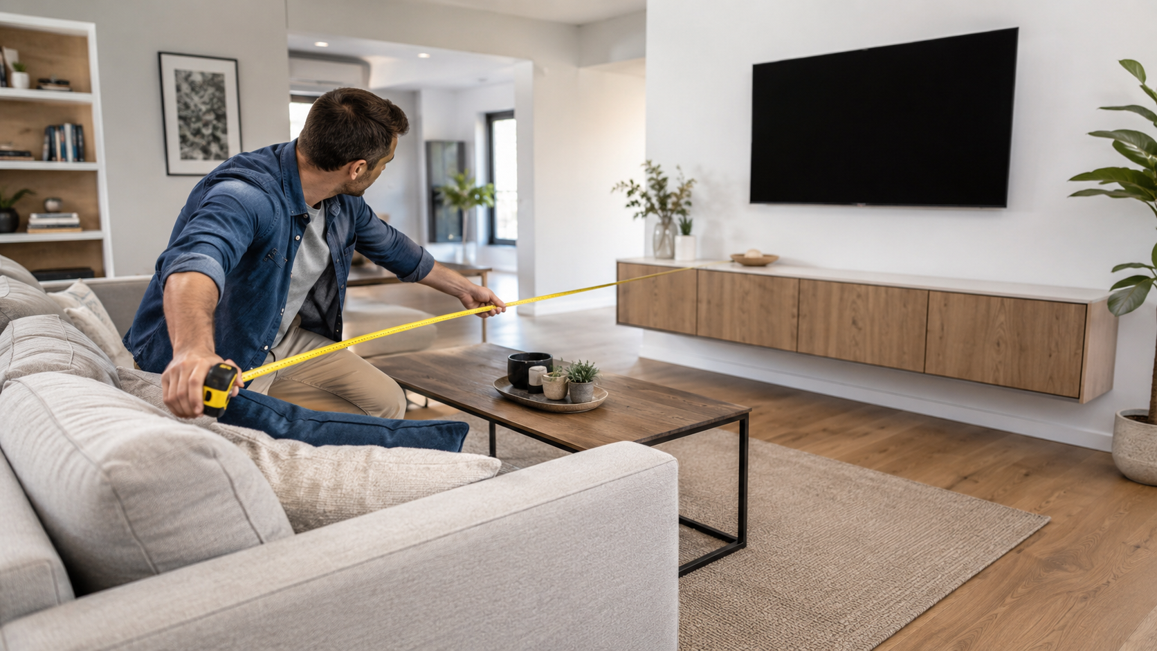 Person measuring the distance from the sofa to a wall-mounted TV in a modern living room.