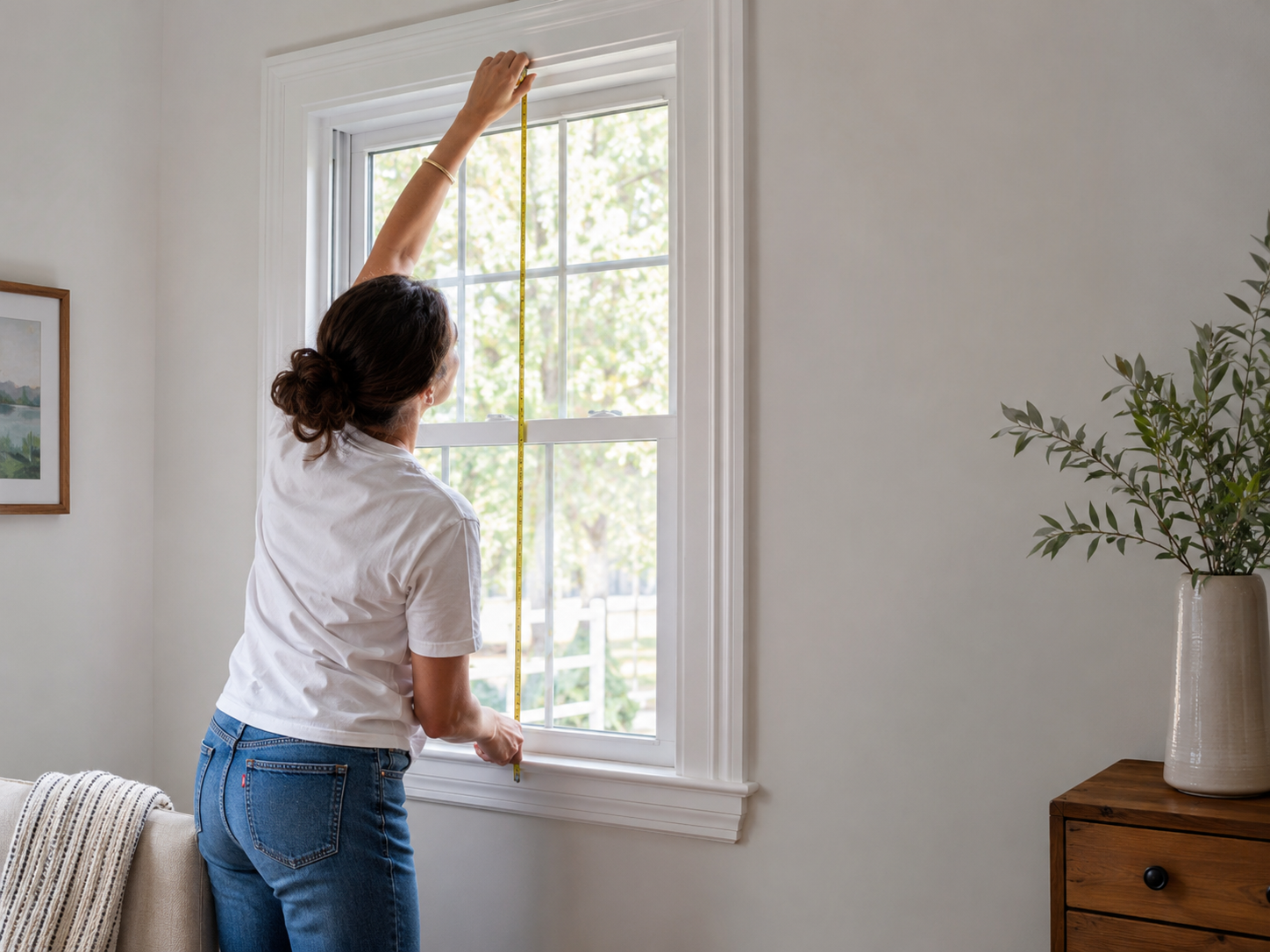 Person measuring a window for the curtain size calculator.