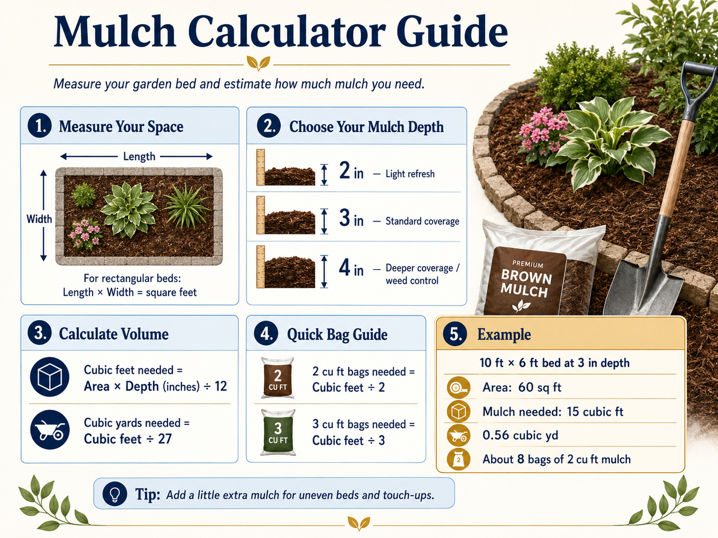 Mulch calculator guide infographic showing how to measure a garden bed, choose mulch depth, calculate mulch volume, and estimate bags of mulch.