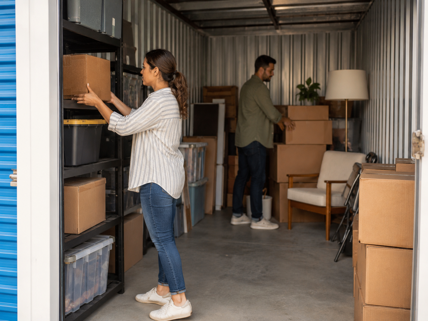 Couple organizing boxes and furniture inside a storage unit