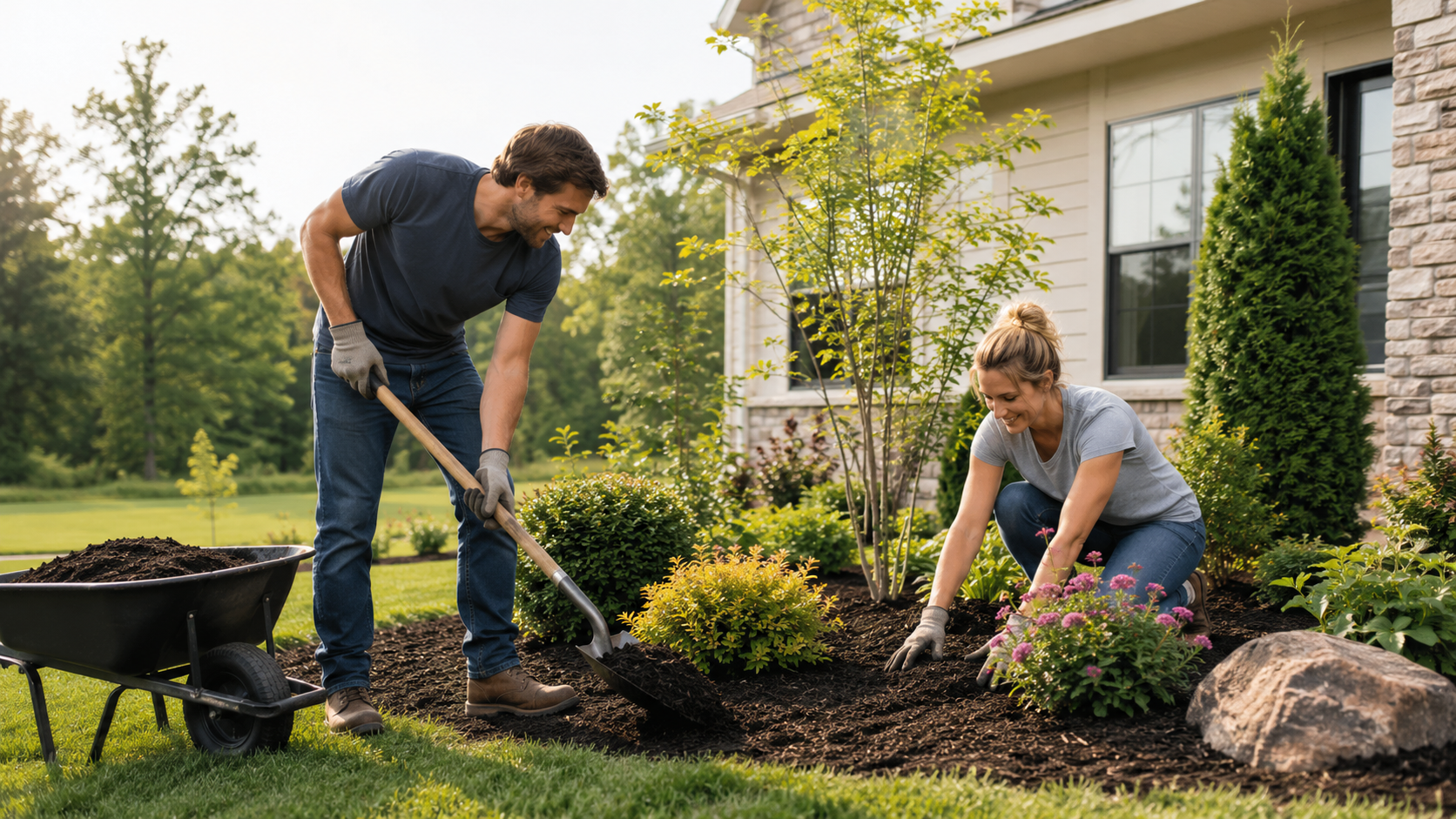 Man and woman spreading mulch in a garden bed beside a house on a sunny day.
