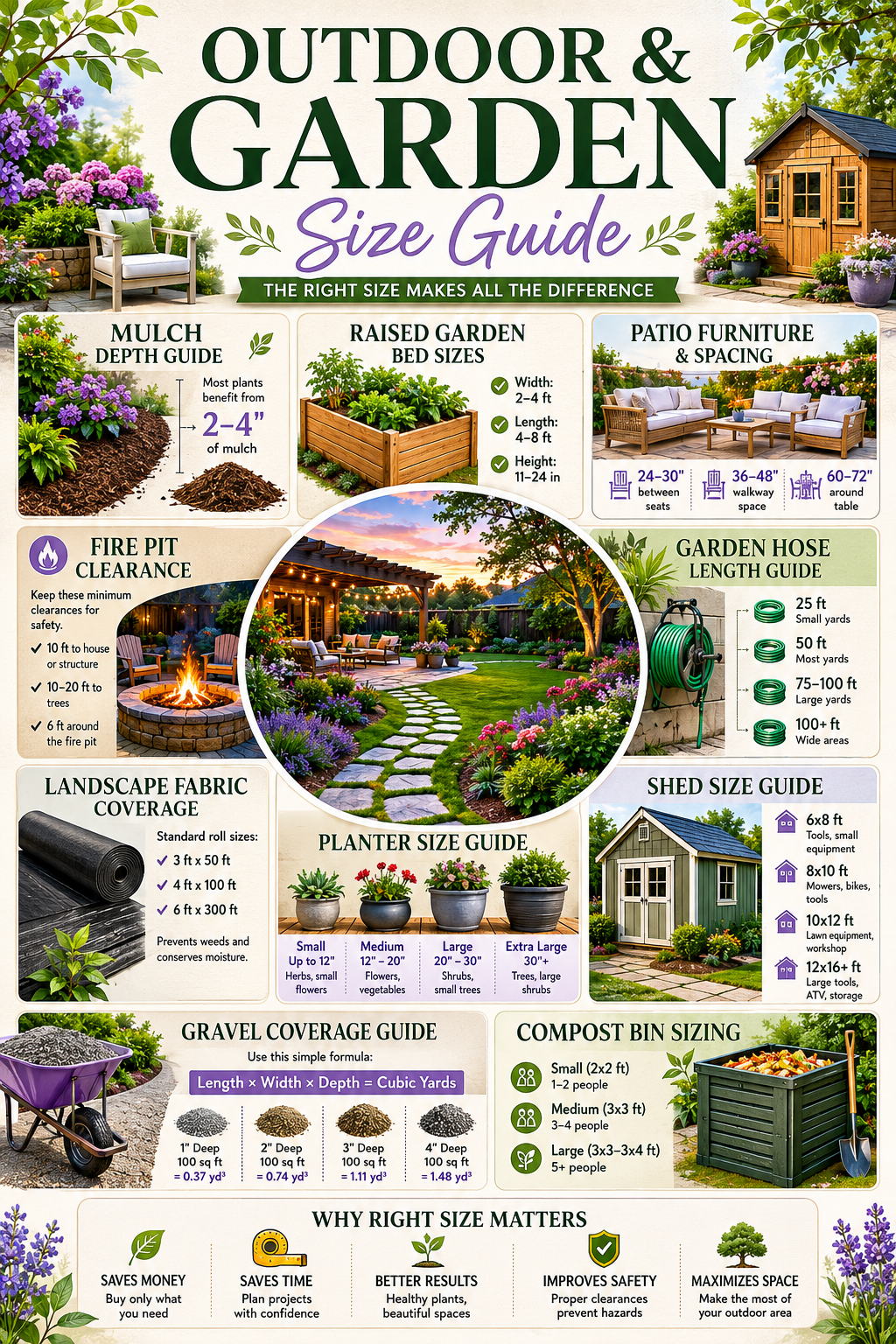 Outdoor and Garden Size Guide infographic showing mulch depth, raised garden bed sizes, patio furniture spacing, fire pit clearance, garden hose lengths, planter sizes, shed sizes, gravel coverage, and compost bin sizing.