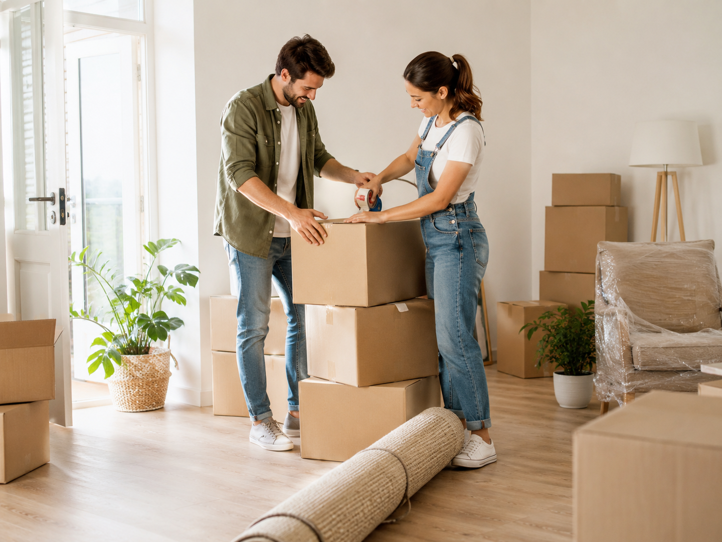 Couple packing cardboard boxes together in a bright home before moving