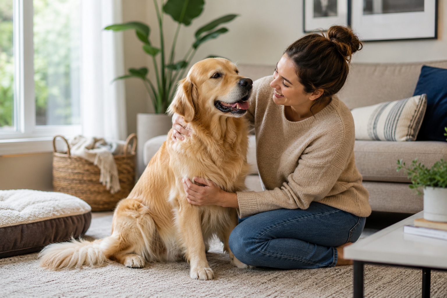 Woman sitting on a living room floor with a golden retriever in a cozy pet-friendly home