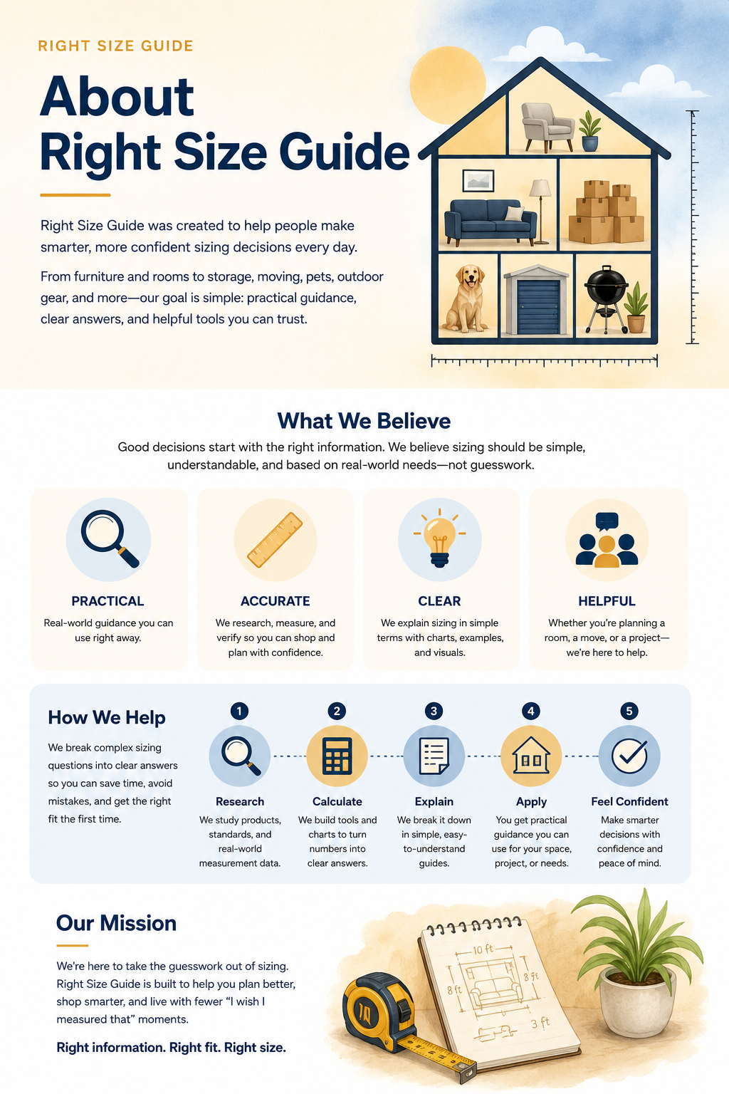 About Right Size Guide illustration showing a house divided into sizing categories, including home, moving, pets, storage, and outdoor items.