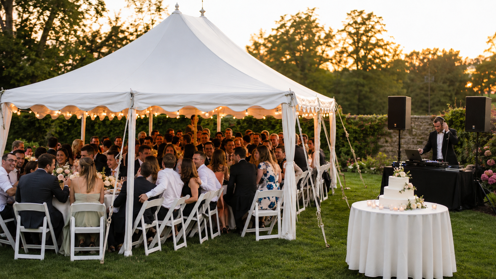Crowded outdoor wedding reception under a too-small white tent with the wedding cake and DJ setup left outside on the lawn.