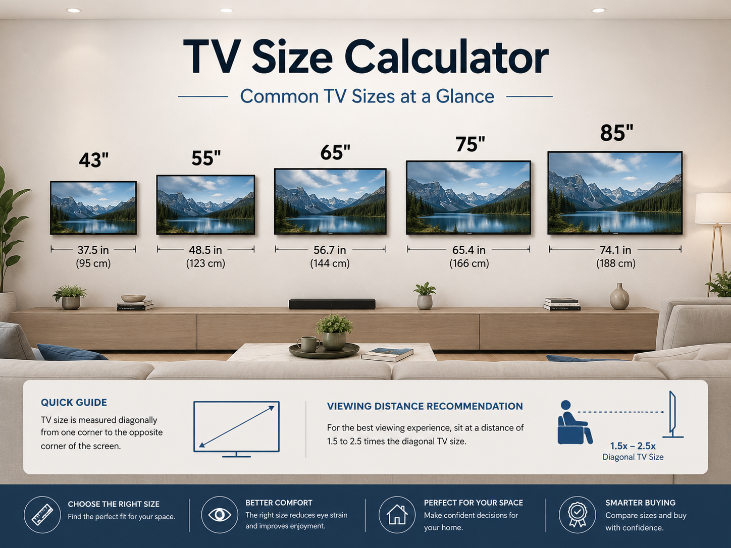TV size calculator guide showing common television sizes from 43 to 85 inches.