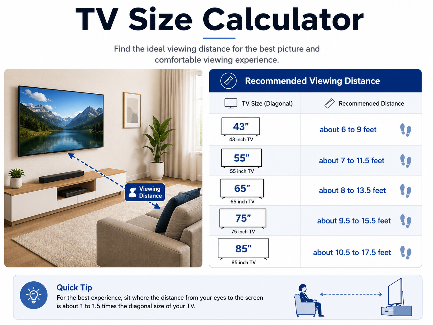 TV viewing distance chart showing recommended seating distance for different TV sizes.