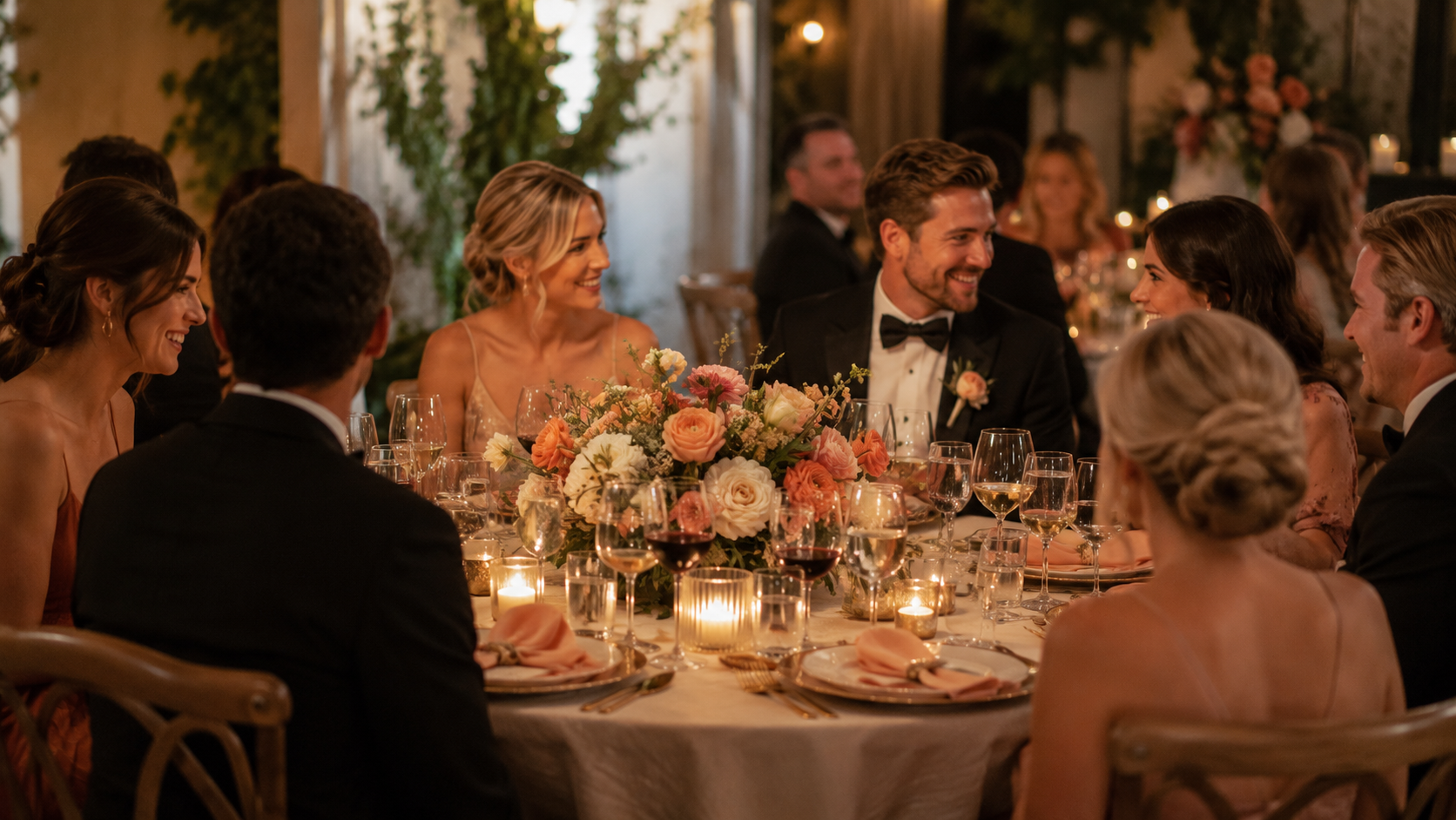 Wedding guests seated around a decorated reception table with flowers, candles, glassware, and warm event lighting.